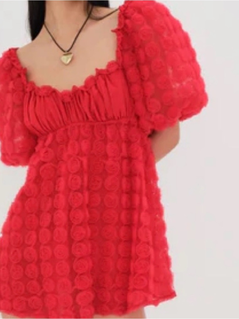 For Love & Lemons Hannah Red Puff-Sleeve Rosette Mini Dress